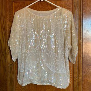 Vintage Ivory Sequin Top with Angel Wings Beaded
